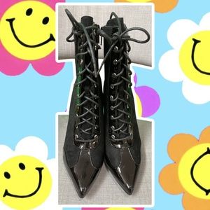 Black Patent and Faux Suede Lace Up Heeled Booties